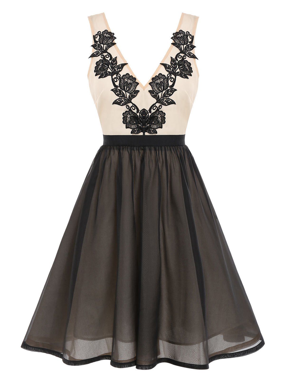 

Plunge Applique Panel A Line Dress, Black