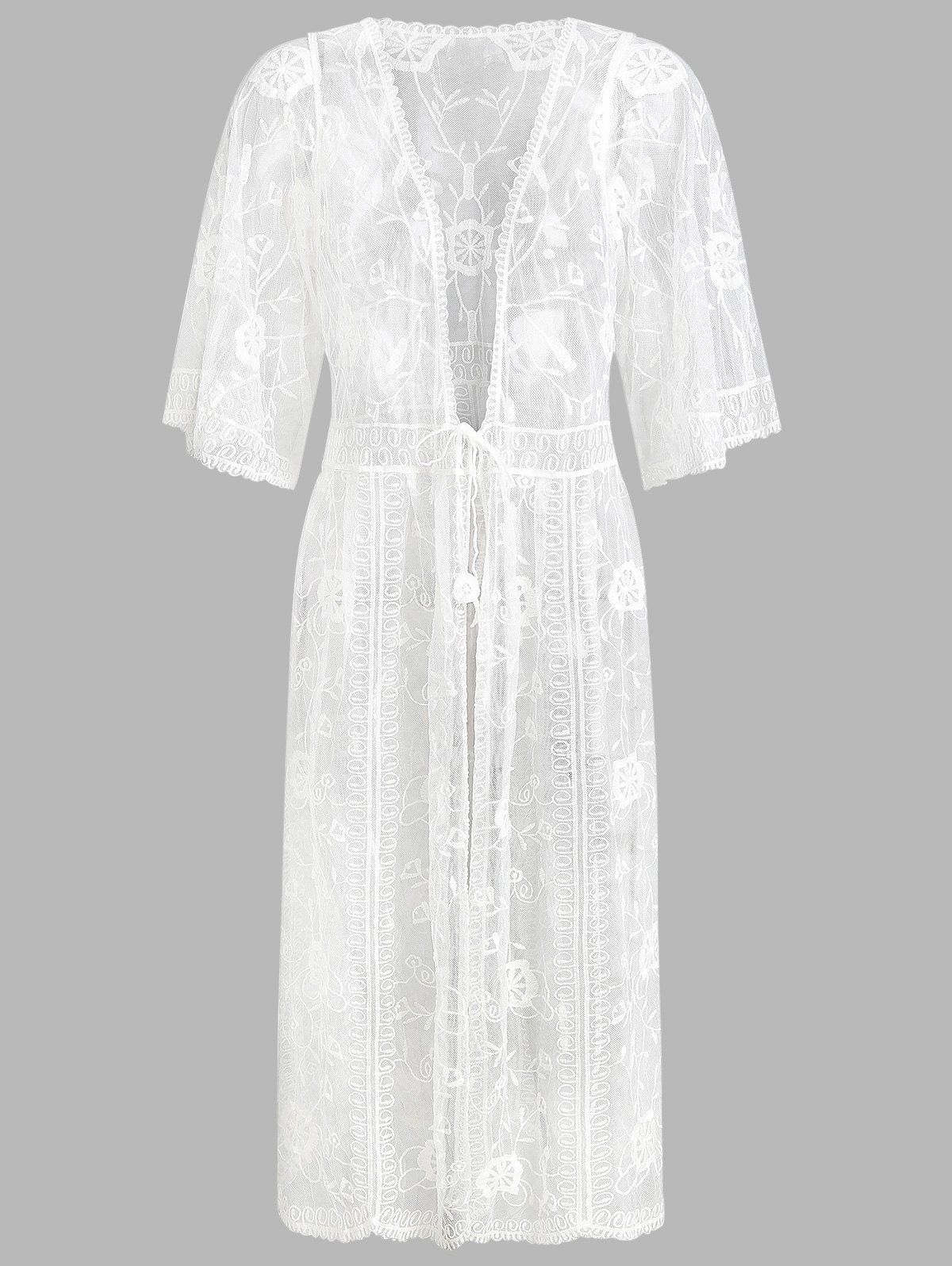 

Drawstring Half Sleeve Lace Cover Up, White
