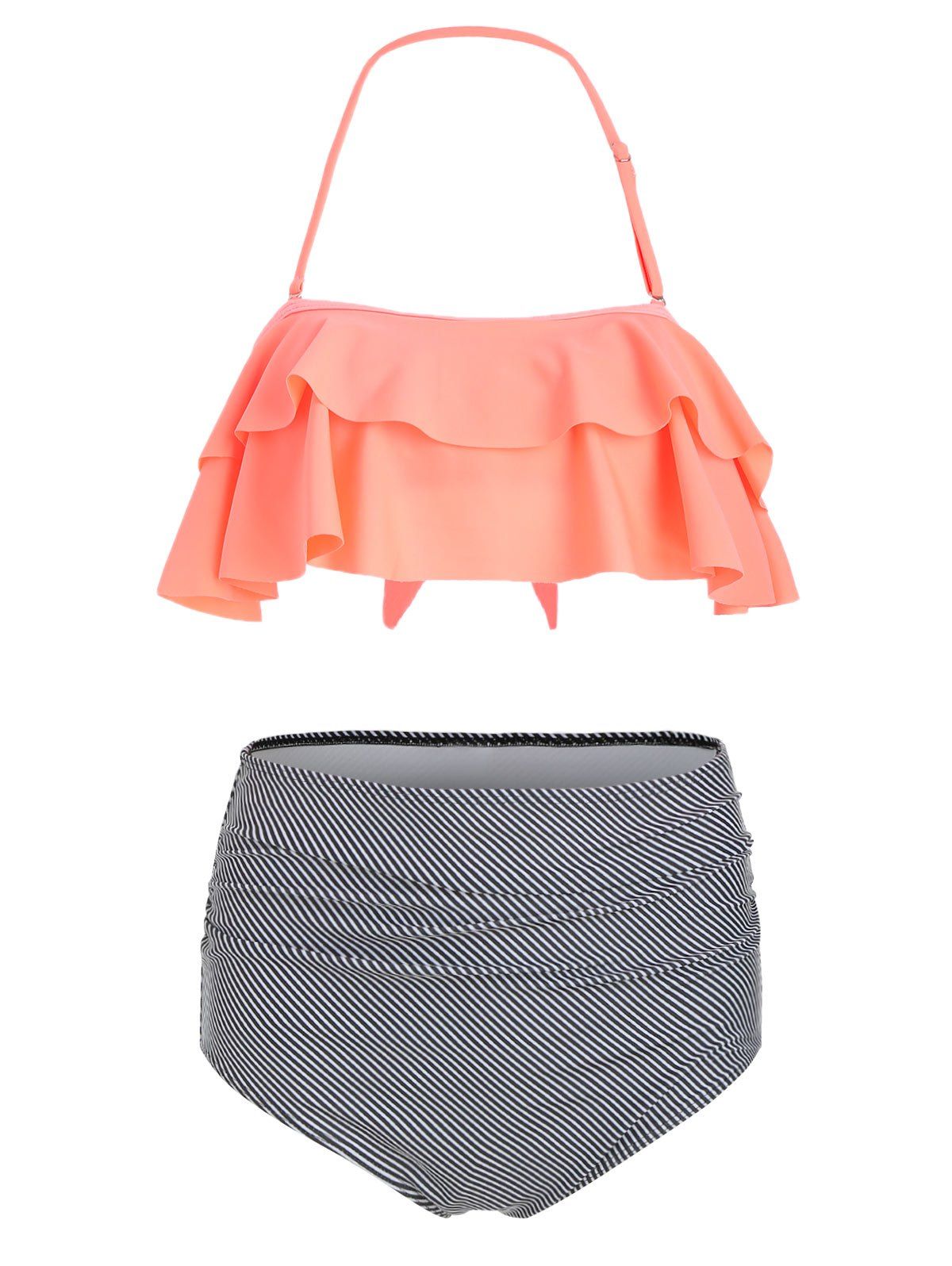 

Striped Print Halter Flounce Bikini Swimwear, Basket ball orange