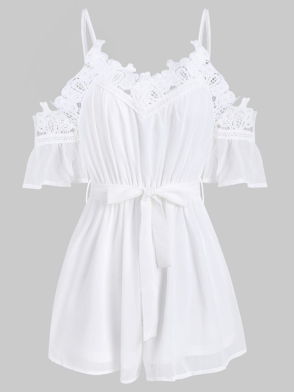 

Cold Shoulder Lace Insert Belted Romper, White