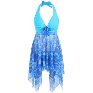 

Printed Asymmetric Halter Tankini Set, Sky blue