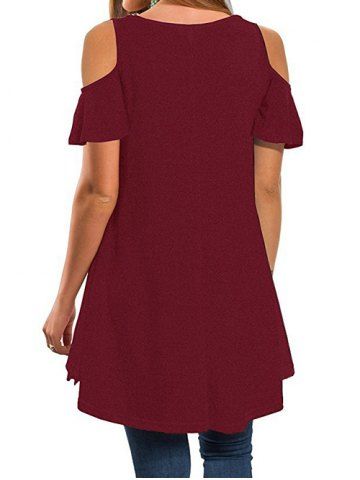 

Lace Panel Cold Shoulder Round Neck Tee, Red wine