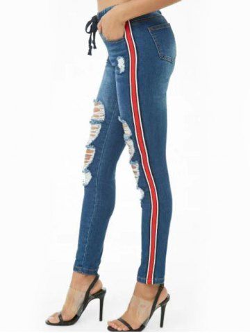 

Side Striped Ripped Denim Jeans, Deep blue
