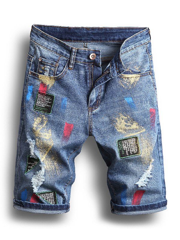 

Painting Printed Ripped Jeans Shorts, Denim blue
