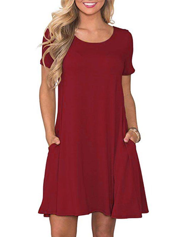 

Front Pocket Short Sleeve Mini Dress, Red wine