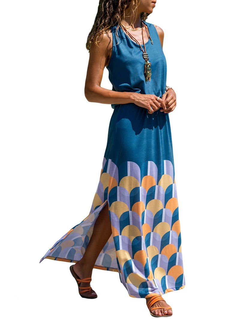 

Criss Cross Side Slit Printed Dress, Blue ivy