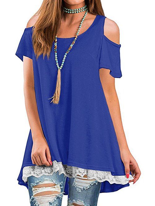 

Lace Panel Cold Shoulder Round Neck Tee, Cobalt blue