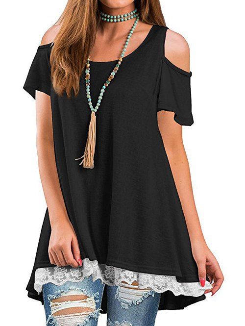 

Lace Panel Cold Shoulder Round Neck Tee, Black