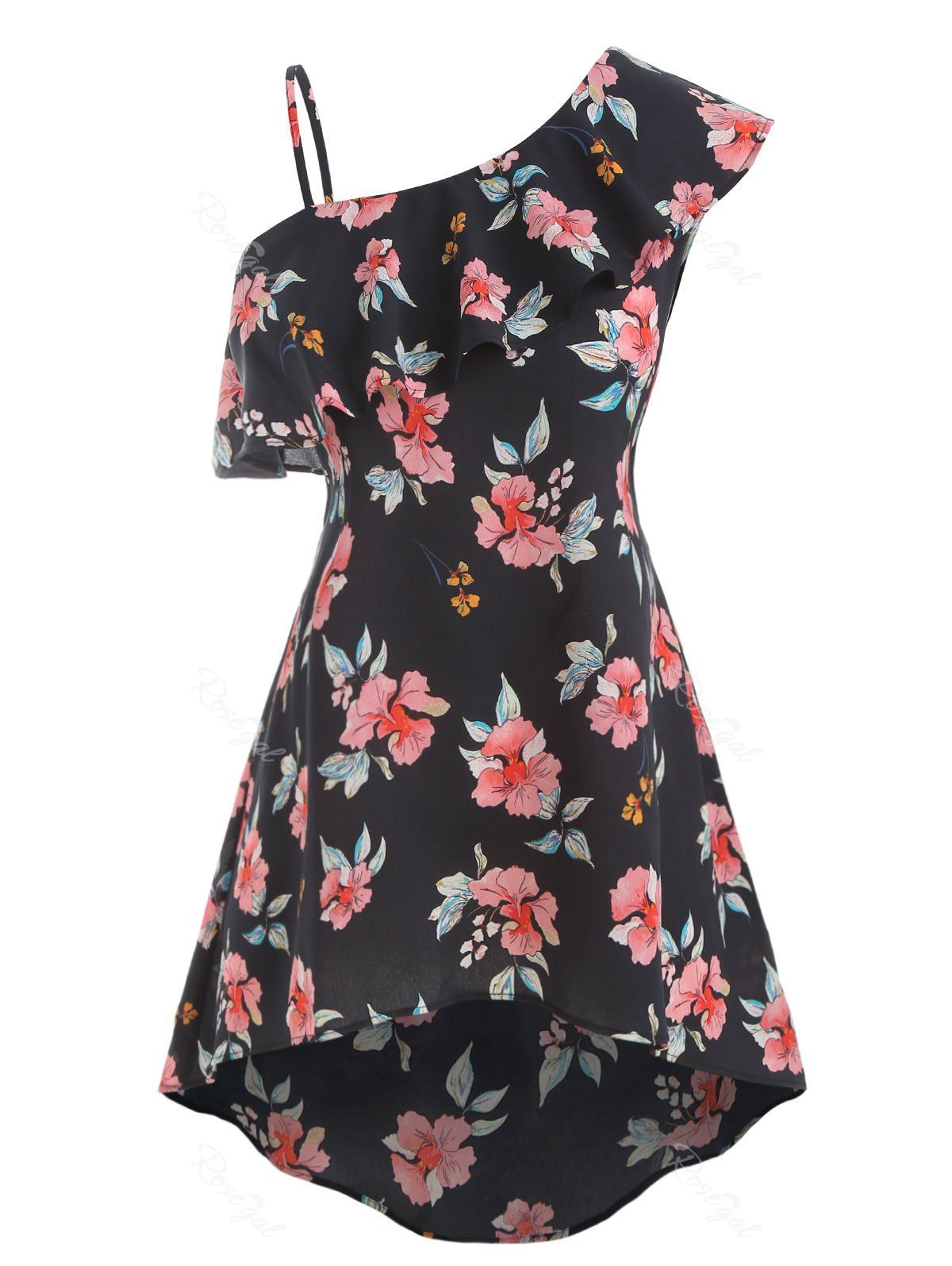 

One Shoulder Plus Size Floral Print Shirt, Black