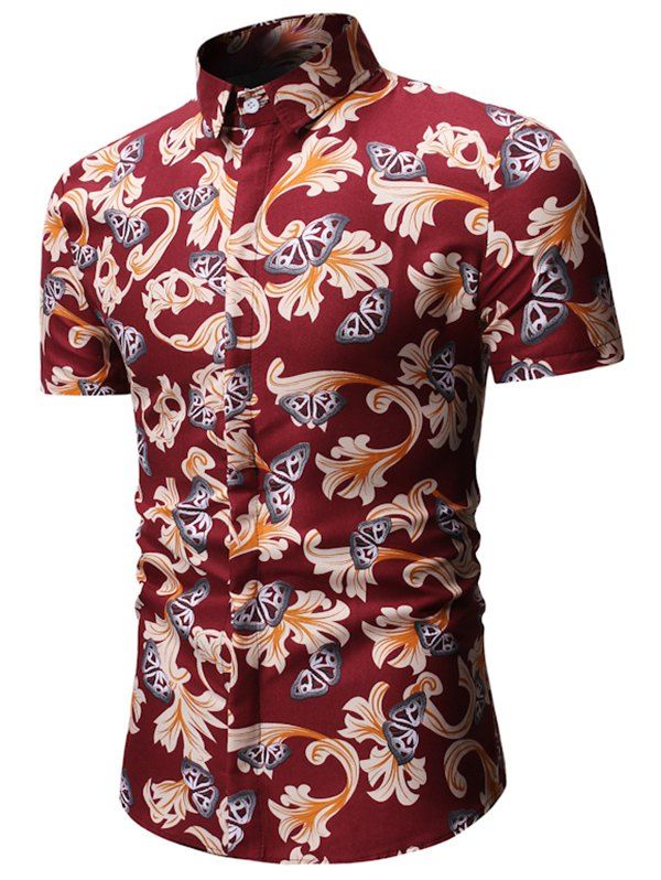 

Floral Butterfly Print Short Sleeve Shirt, Red wine