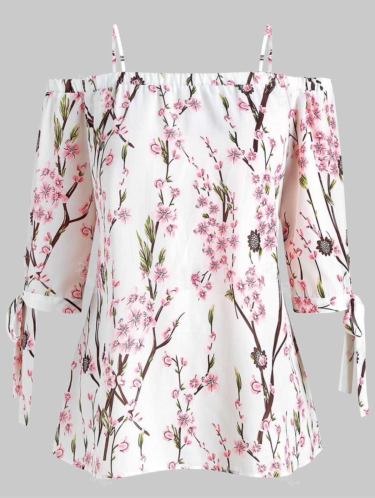

Plus Size Peach Blossom Print Open Shoulder Blouse, Pink