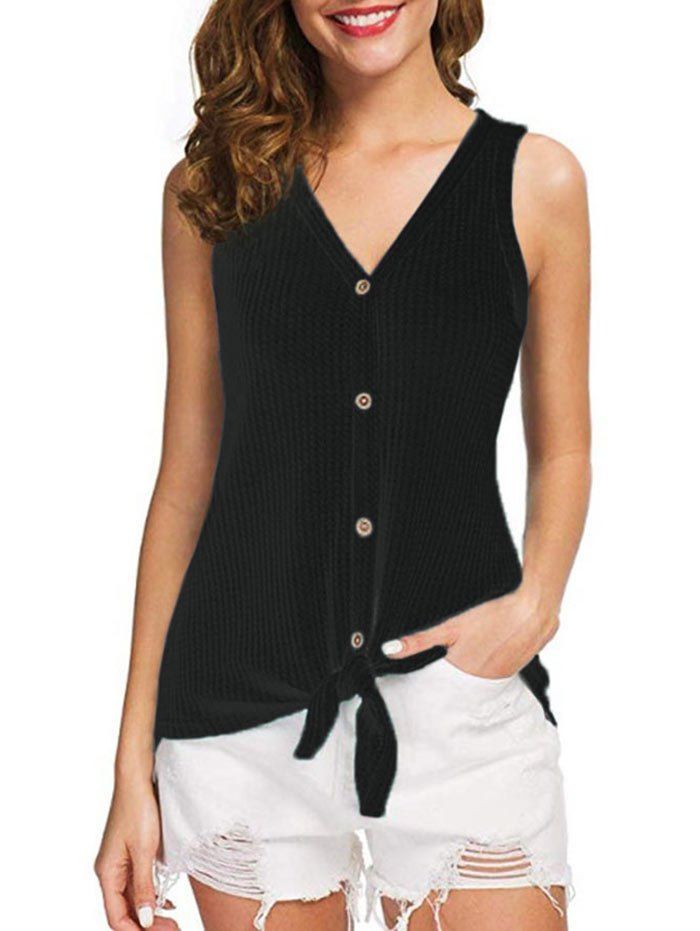 

Button Up Bowknot Tank Top, Black