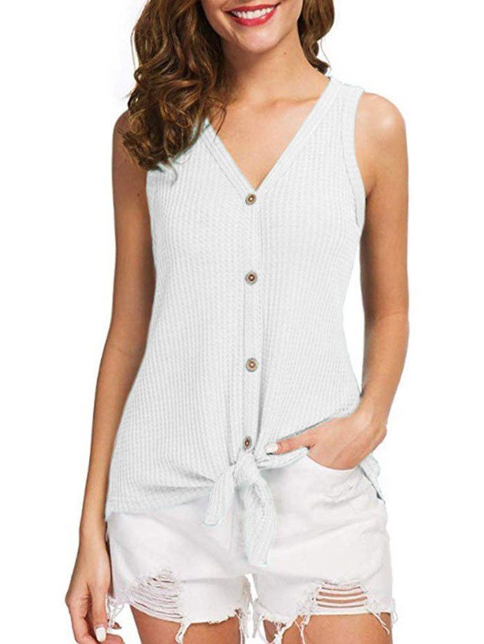

Button Up Bowknot Tank Top, White