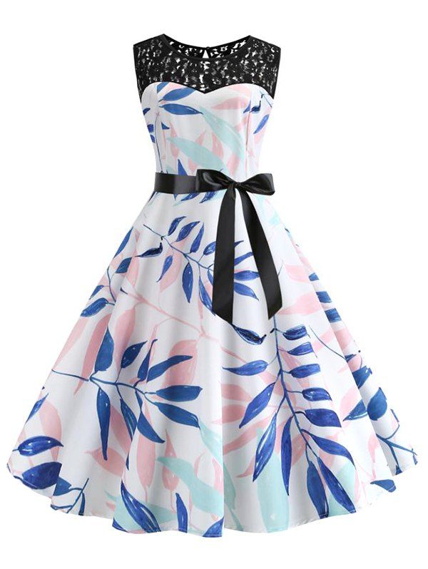

Leaves Print Lace Panel Vintage Dress, White