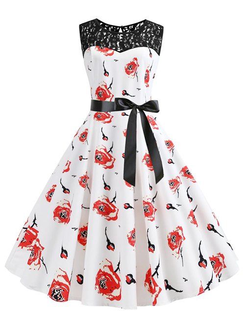 

Lace Floral Print A Line Dress, White