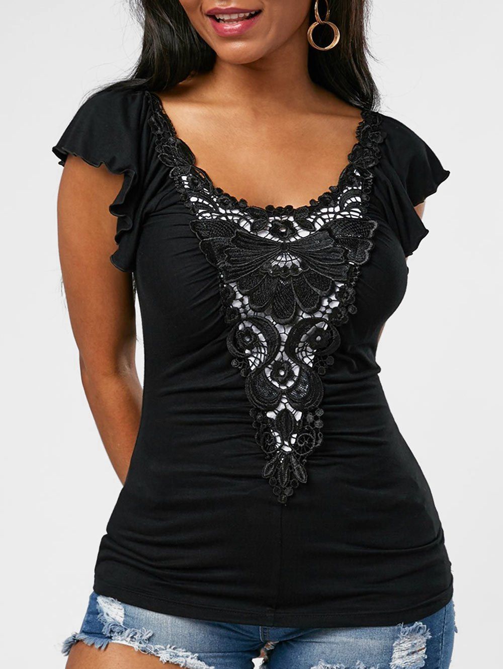 

Ruffle Lace Panel Short Sleeve Tee, Black