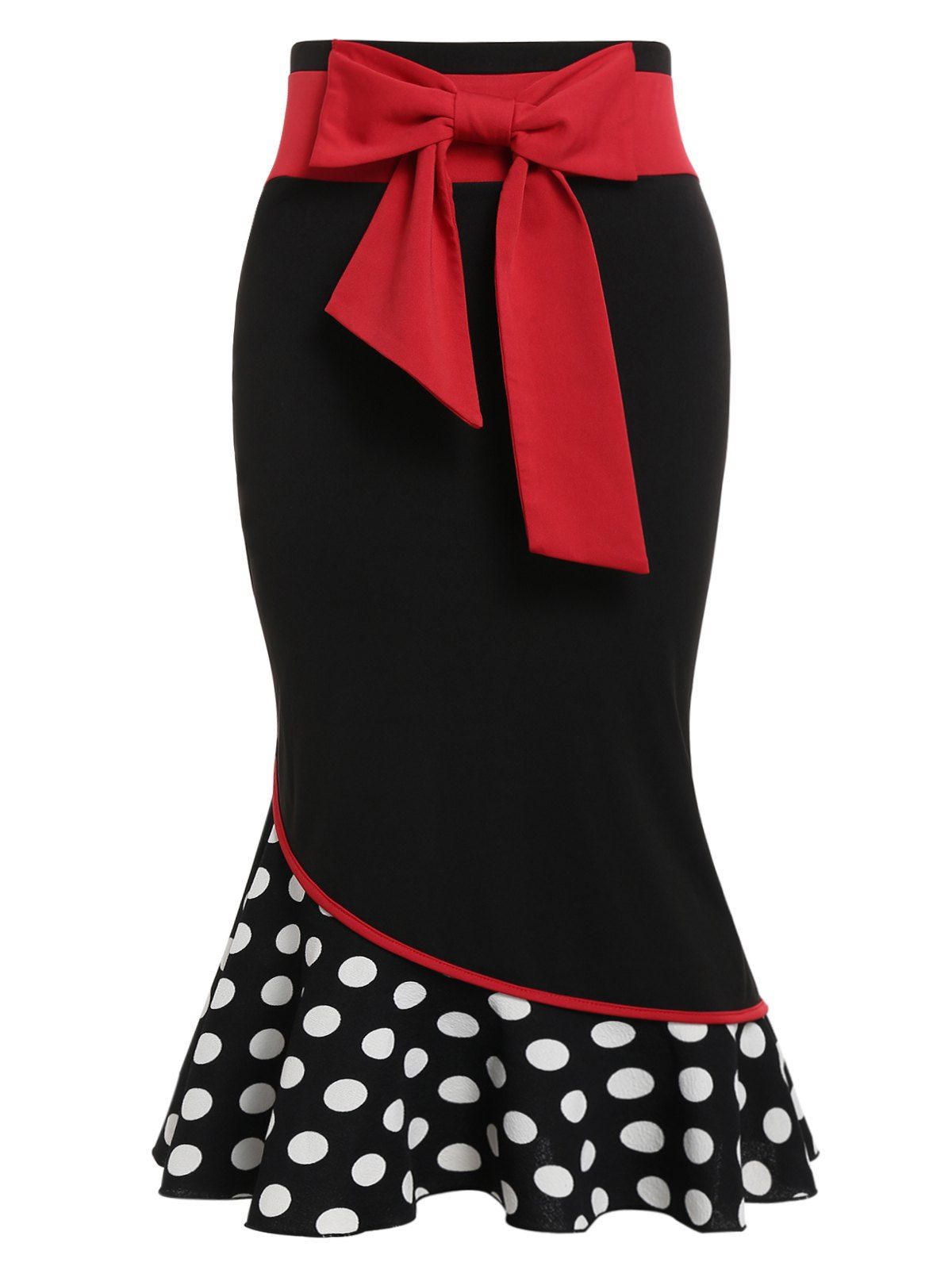 

Plus Size Bowknot Dotted Maxi Fishtail Skirt, Black
