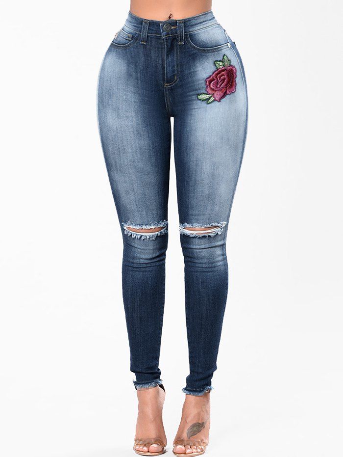 

Embroidery Floral Ripped Denim Jeans, Blueberry blue