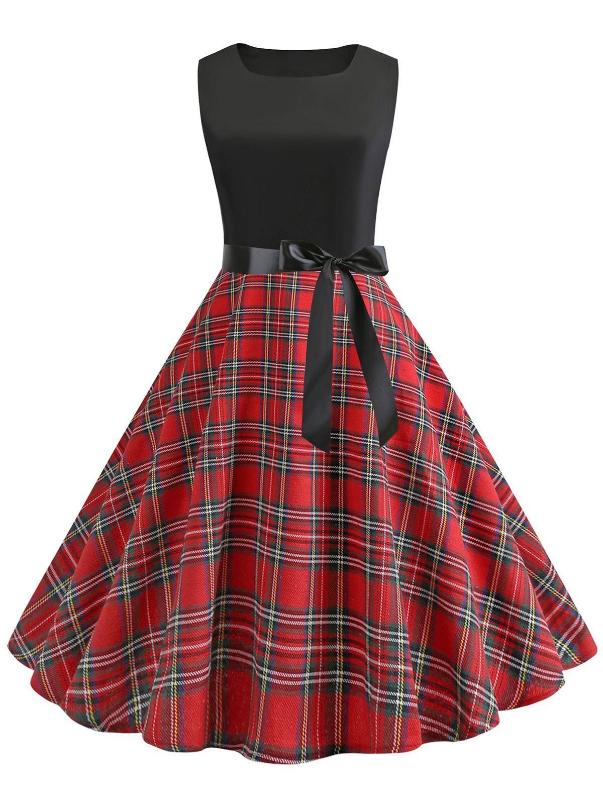 

Vintage Plaid Belted A Line Dress, Black