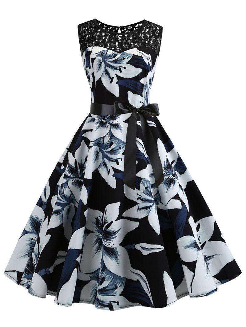 

Floral Print Vintage Belted A Line Dress, Multi