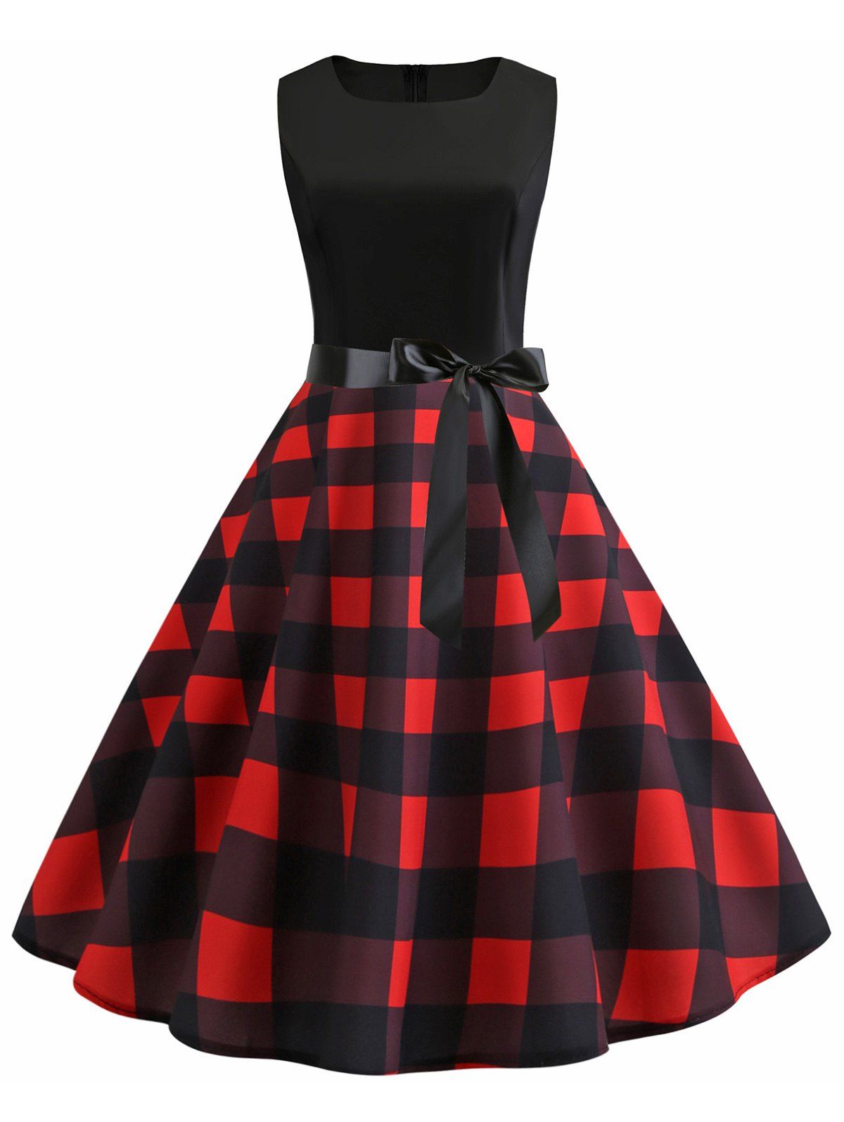 

Vintage Plaid Belted Flare Dress, Black