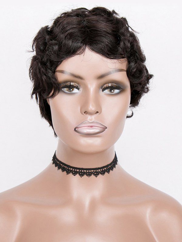 35 OFF Center Part Short Curly Human Hair Wig Ros