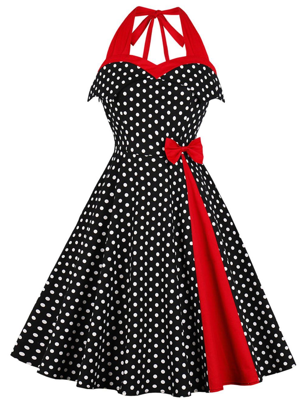 

Halter Polka Dot Bowknot Vintage Dress, Black