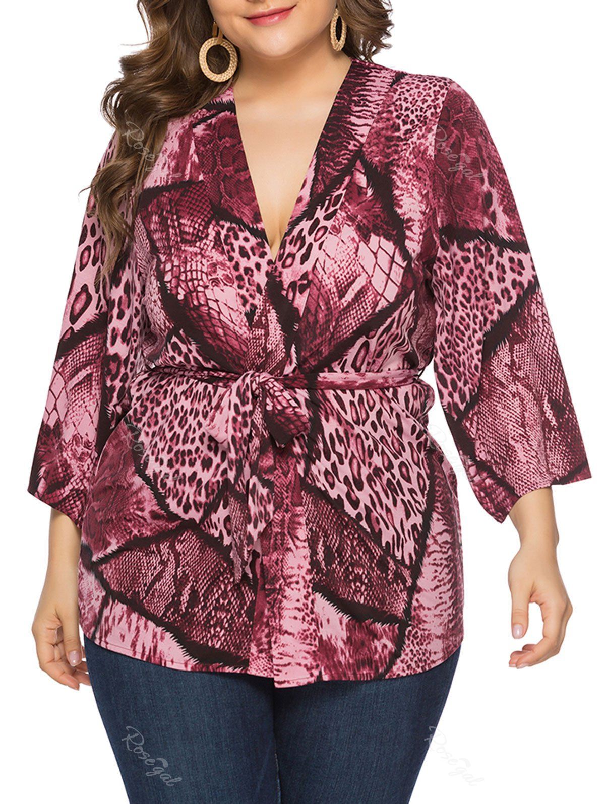

Leopard Print Plus Size Wrap Blouse, Red wine