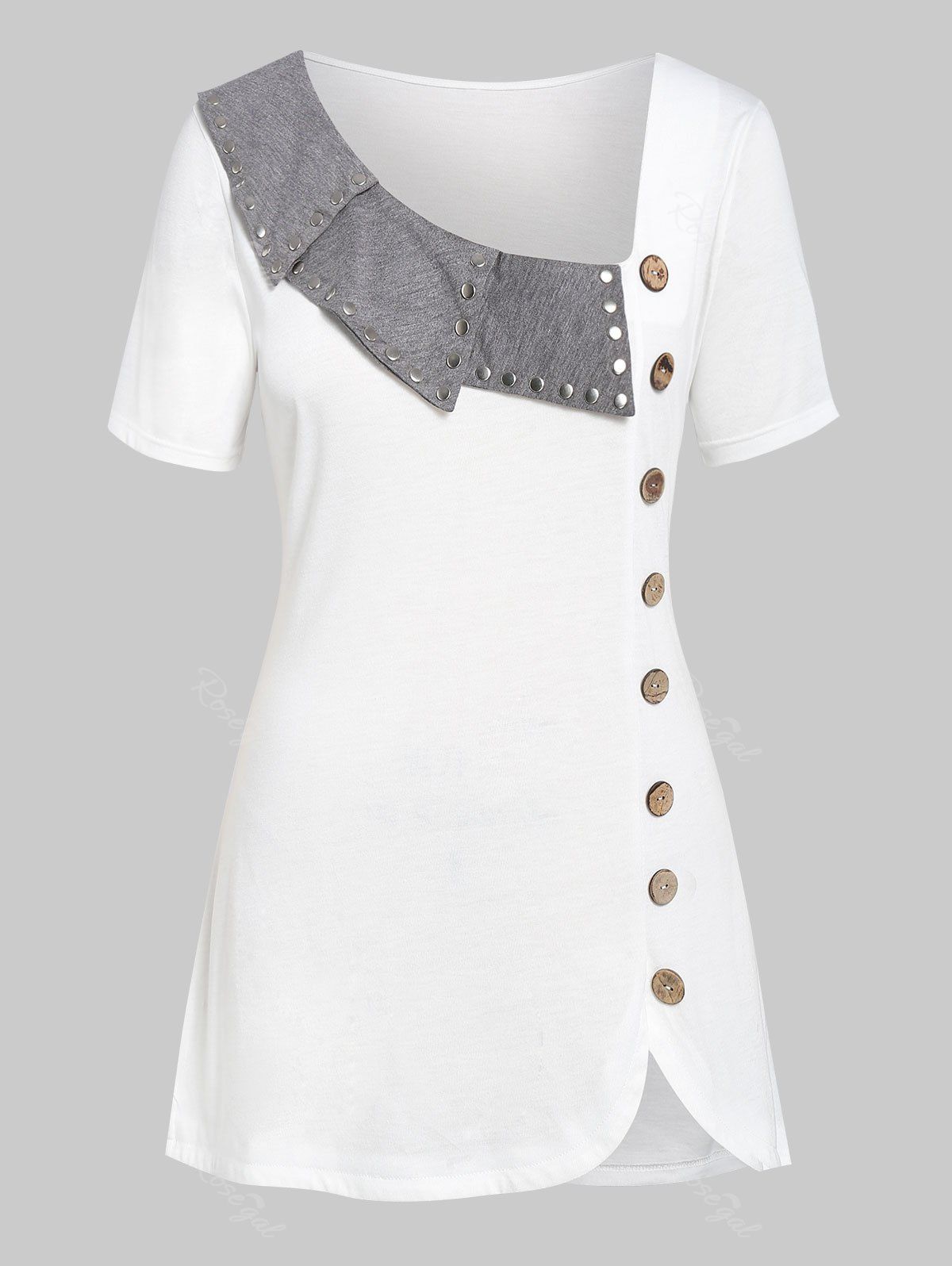 

Skew Neck Buttoned Plus Size T-shirt, White