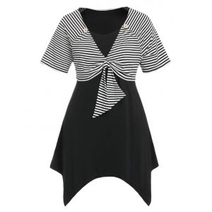 

Plus Size Striped Asymmetrical Button T Shirt, Black