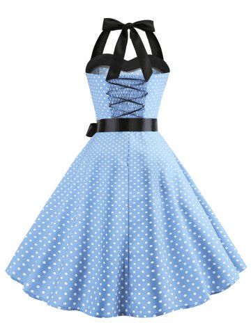 

Lace-up Polka Dot Halter Vintage Dress, Sea blue