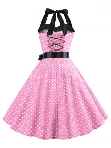 

Lace-up Polka Dot Halter Vintage Dress, Pig pink