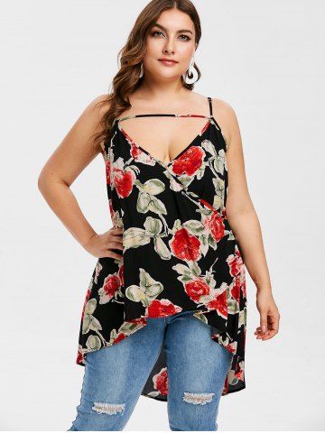

Cut Out Floral Print Plus Size Tank Top, Black