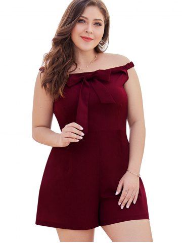 

Plus Size Bowknot Off Shoulder Romper, Red wine