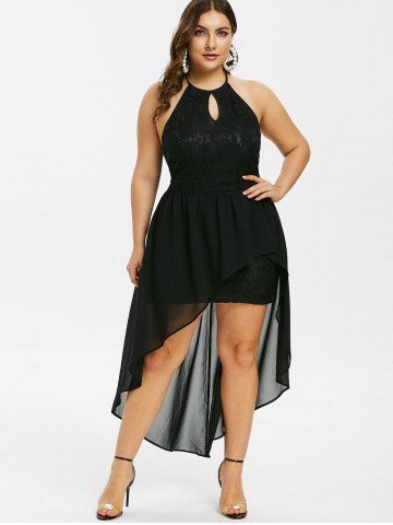 

Plus Size Keyhole Lace High Low Dress, Jet black