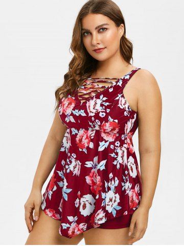 

Plus Size Criss Cross Floral Peplum Tankini Set, Red wine