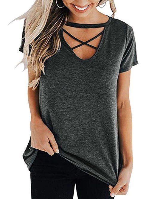 

Criss Cross V Neck Tee, Carbon gray