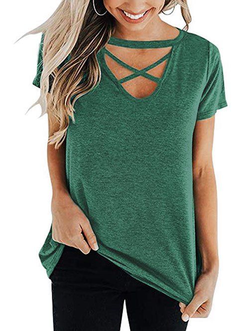 

Criss Cross V Neck Tee, Army green