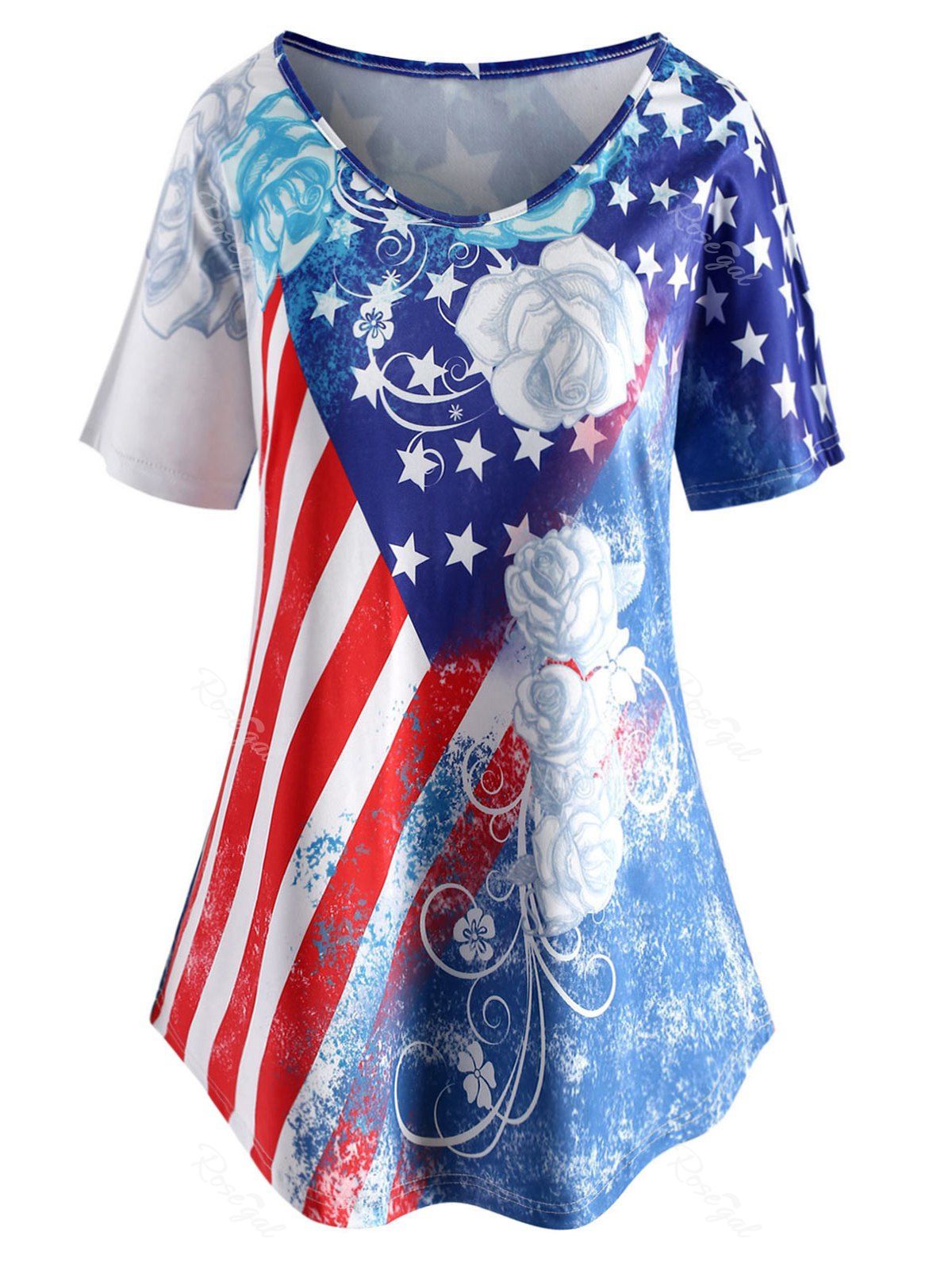 

Plus Size American Flag Print Curved T-shirt, Multi