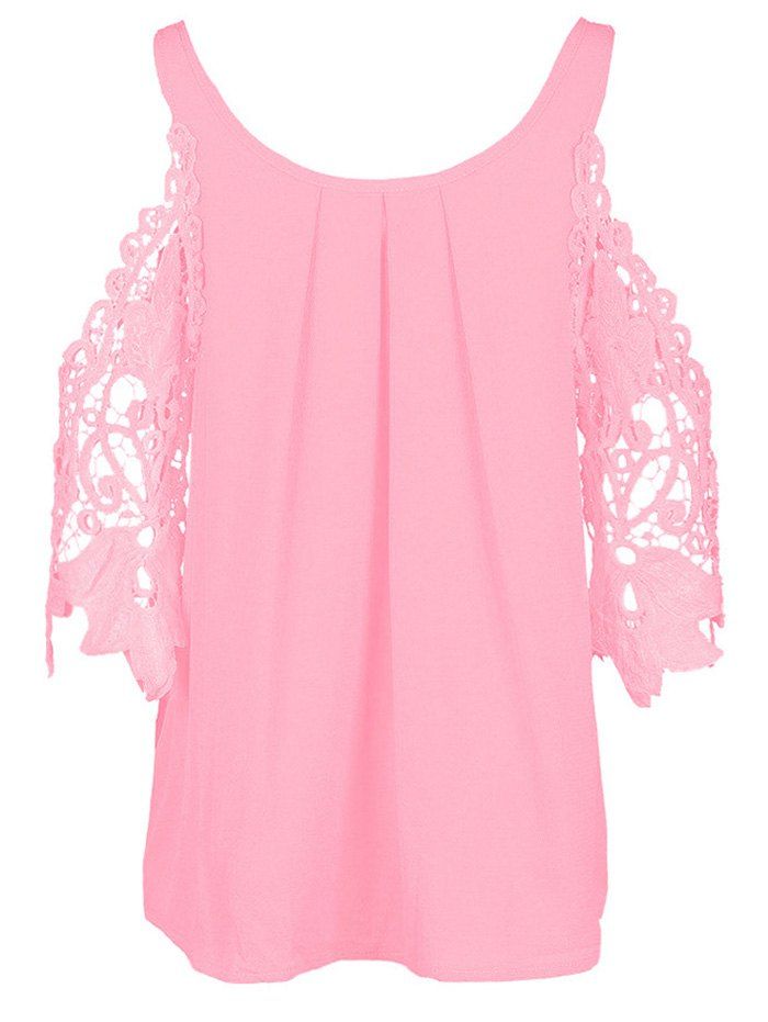 

Scoop Neck Crochet Panel Blouse, Pink