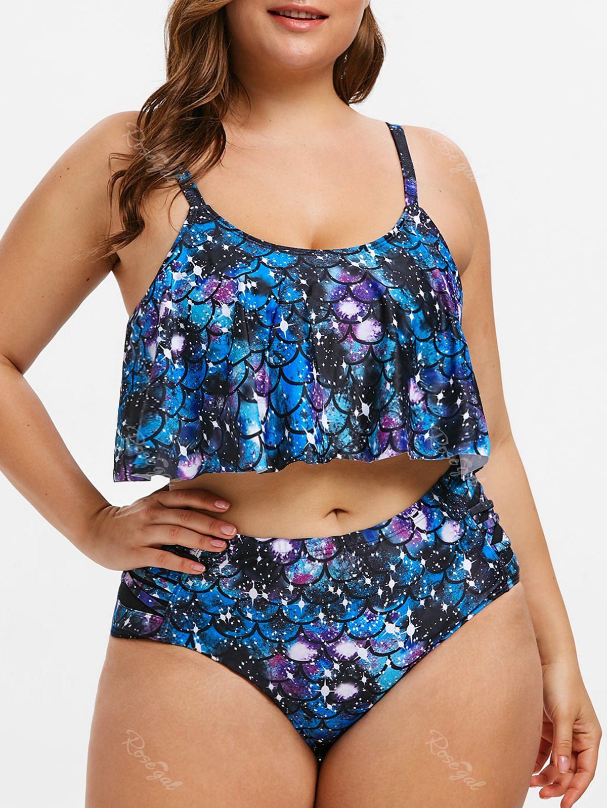 

Plus Size Scale Print Ruffle High Rise Bikini Set, Blue