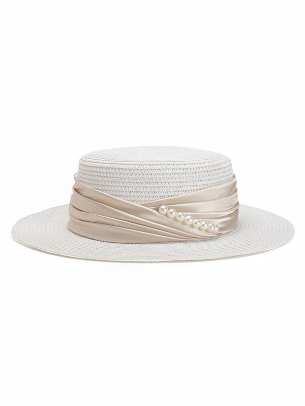 

Ribbon Faux Pearl Straw Top Hat, White