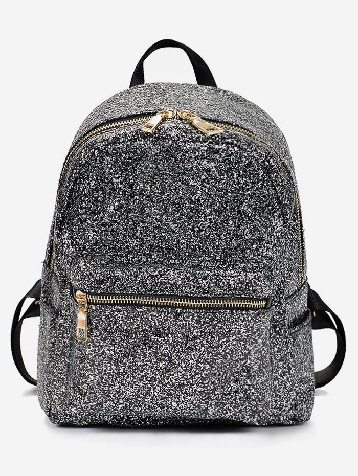

Sequined Fabric Chic Style Student Backpack, Black