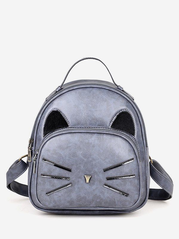 

PU Cat Pattern Backpack, Blue gray