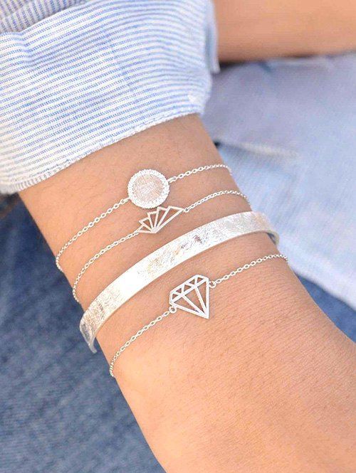 

4Pcs Diamond Shape Geometric Bracelet Set, Silver