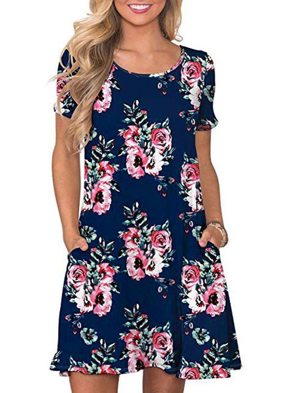 

Short Sleeve Printed Tee Dress, Cadetblue