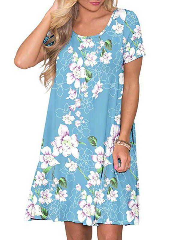 

Short Sleeve Printed Tee Dress, Light blue