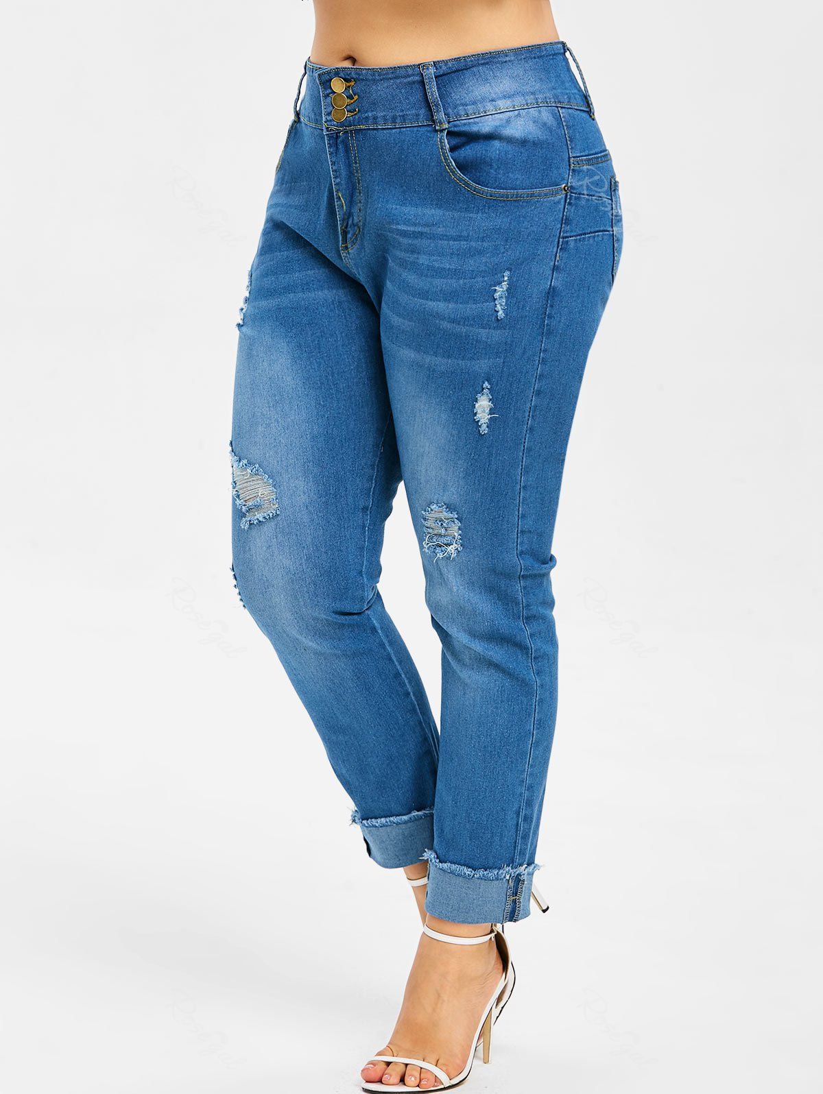 

Button Details Plus Size Ripped Cuffed Jeans, Denim dark blue