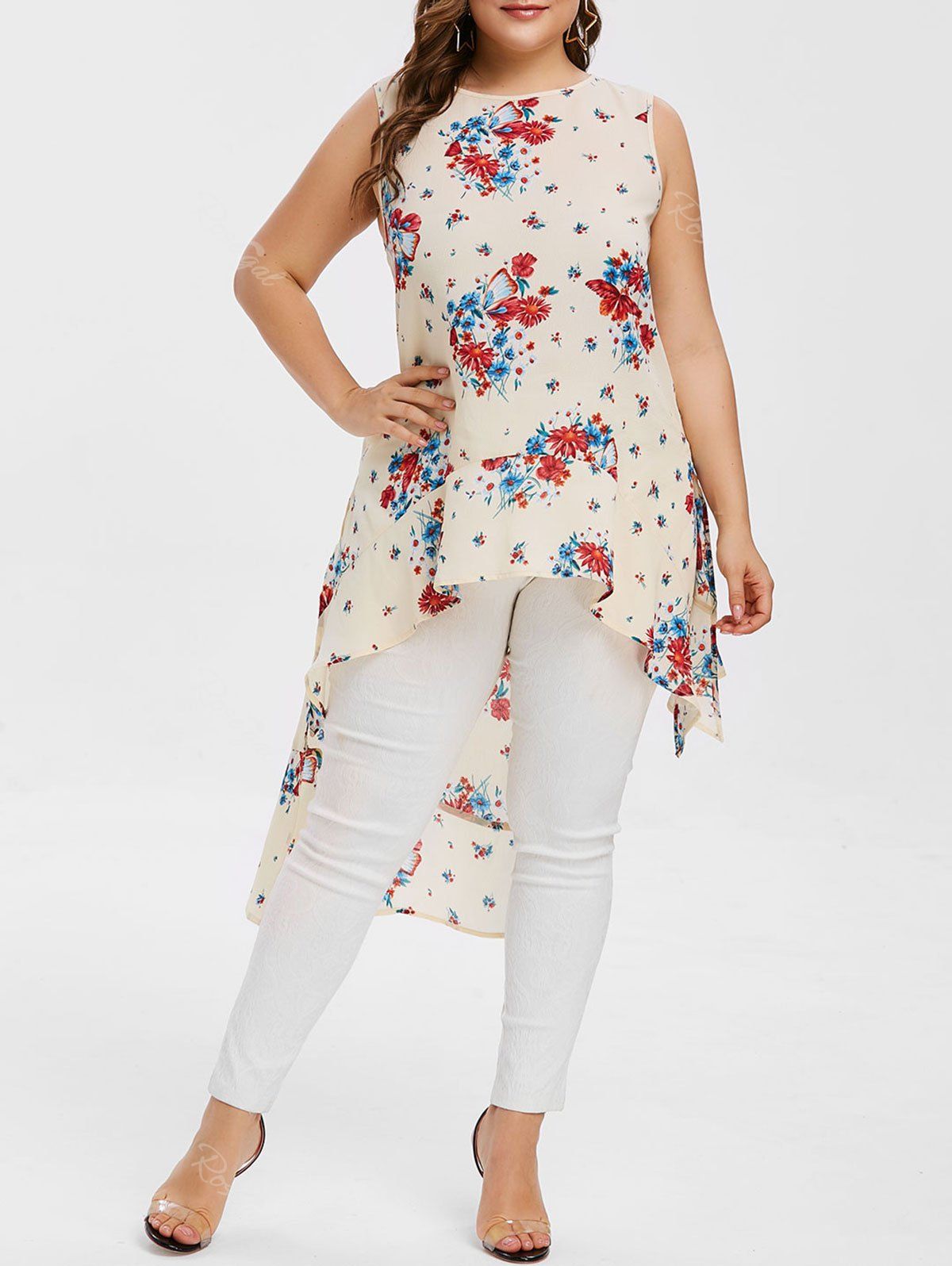 

Plus Size Floral Flounce High Low Tank Top, Beige