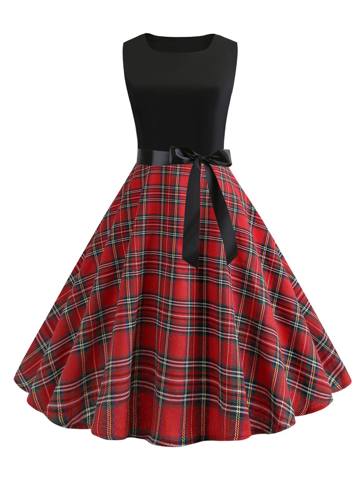 

Plaid Belted A Line Vintage Dress, Red